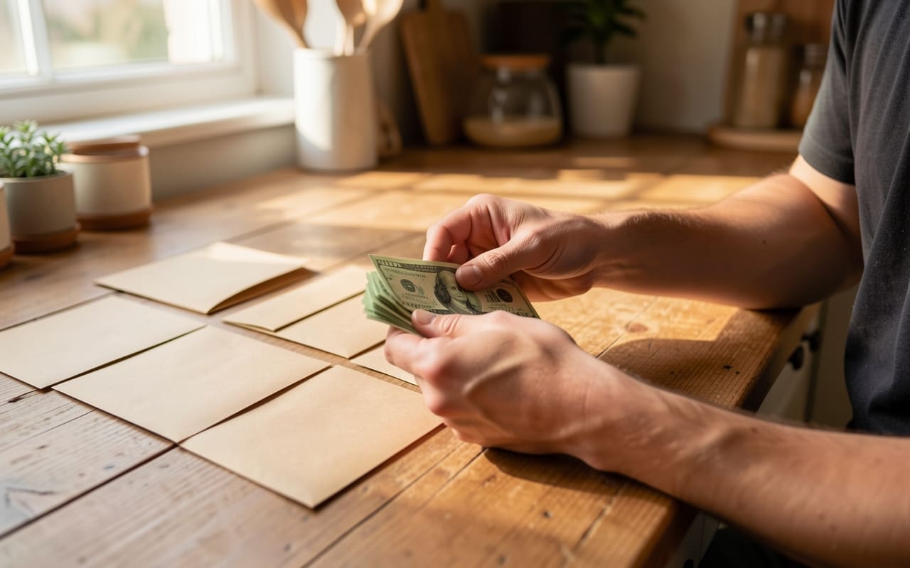 A man at a wooden kitchen table sorting cash into kraft envelopes in warm morning light