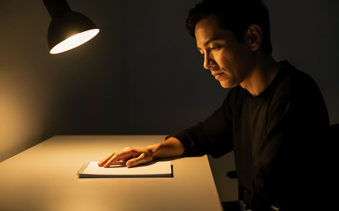 Solopreneur resting hand on a blank notepad at a minimal desk under warm directional lamplight