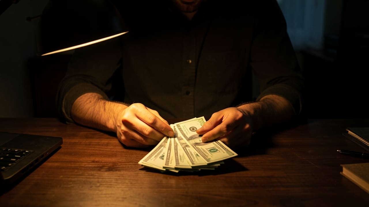 Solopreneur counting a fanned spread of cash bills on a dark wooden desk under warm directional amber lamplight