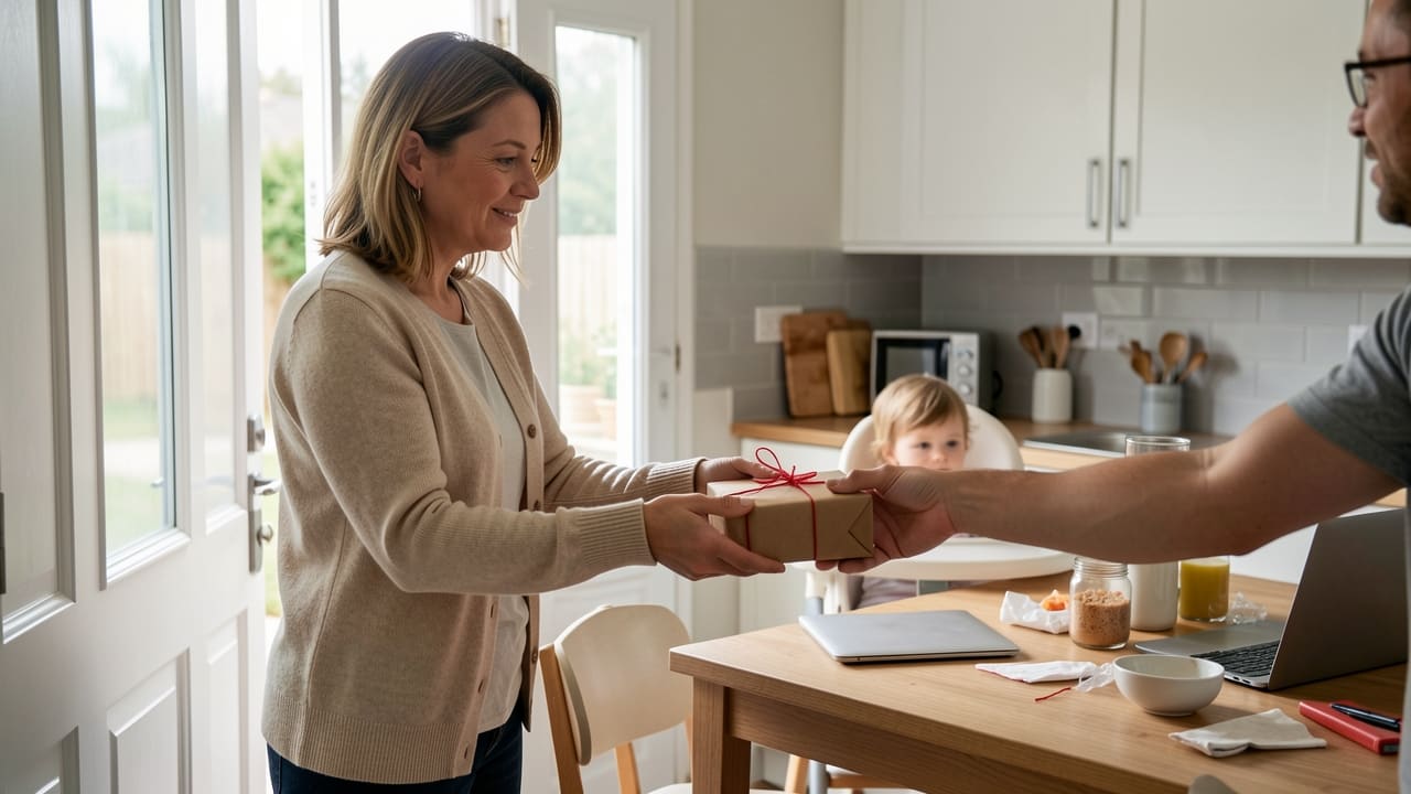 A mother sits at her kitchen table handing a small wrapped parcel to a customer at the front door, laptop closed beside her, morning light through the window