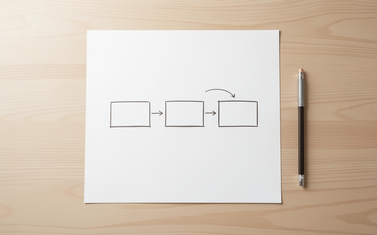 Hand-drawn three-step funnel diagram on white paper showing opt-in, thank-you, and sales page connected by arrows