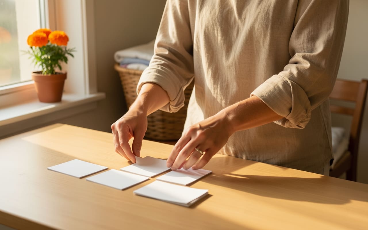 A parent laying out sticky-note index cards labeled with different customer groups across the kitchen table