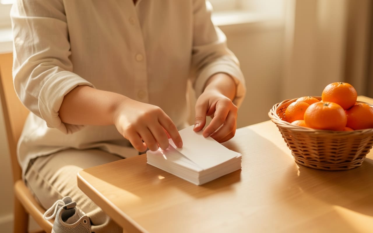 A parent's two hands stacking a small pile of paper order slips at the kitchen table while a child's shoes sit nearby