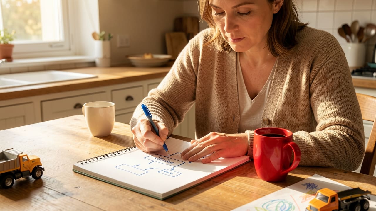 A parent at a busy kitchen table sketching an email sequence plan on paper while a toddler's toys sit nearby