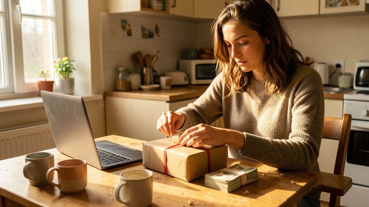 A young woman at a small kitchen table sealing a parcel while counting cash beside her laptop, warm morning light through the window