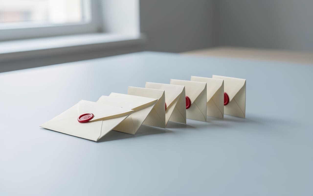 A row of cream paper envelopes arranged in a flowing arc across a cool blue-grey desk, each sealed with red wax, in soft window light