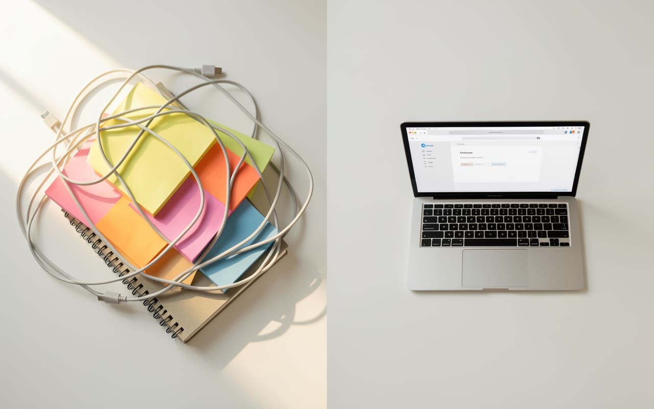 Split flat-lay comparison: tangled cables and multiple sticky notes on the left representing a complex tool stack, versus a single clean open laptop on the right