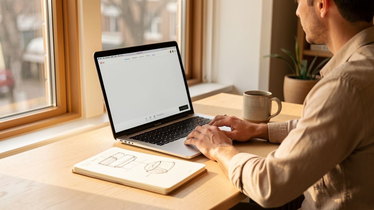 Solo entrepreneur at a minimal wooden desk near a bright window, laptop open with a clean business dashboard, a ceramic coffee mug and open notepad beside it, warm natural morning light