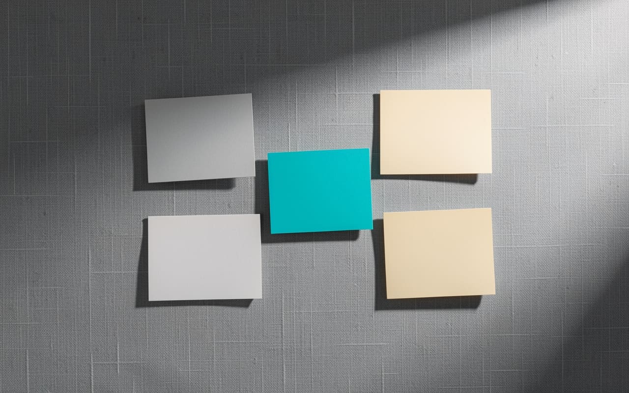 Five color chips arranged in a loose comparison grid on a grey textured surface, one saturated teal card standing out among pale tones