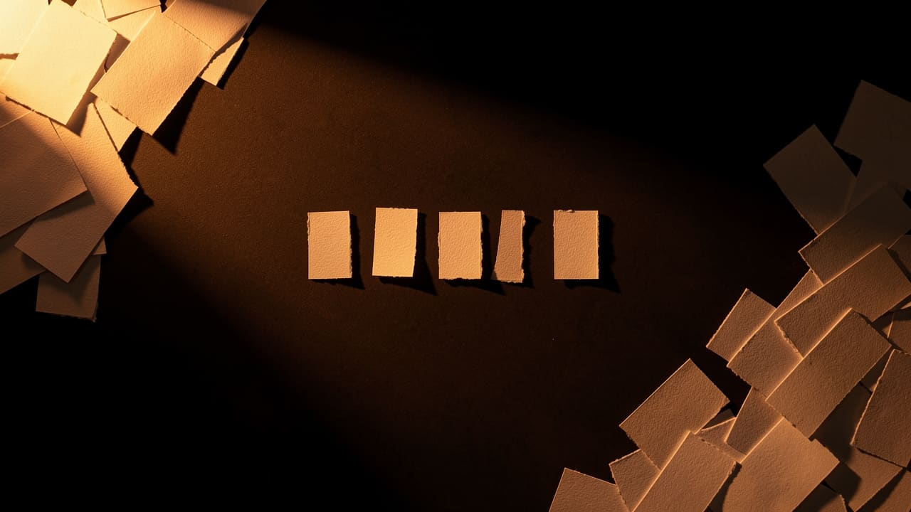 Torn paper fragments scattered on a dark surface with warm amber light casting long dramatic shadows, suggesting chaos beginning to organize