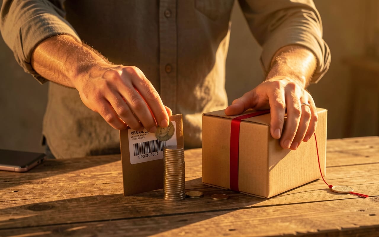 Hands stacking coins beside a small shipping parcel on a sunlit table, representing automated order delivery