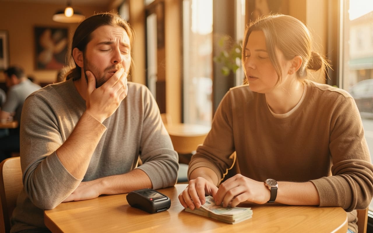 A person exhales in relief at a sunlit cafe table while a partner rests a hand by a stack of cash and a card reader, symbolizing automated payment and follow-up systems doing the work