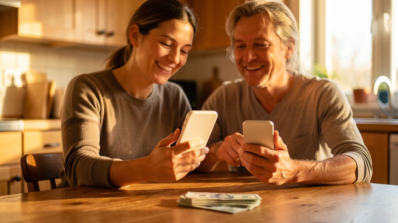 Two people smile at a phone lighting up with a sale while sitting at a warm, golden-lit kitchen table with a stack of cash nearby