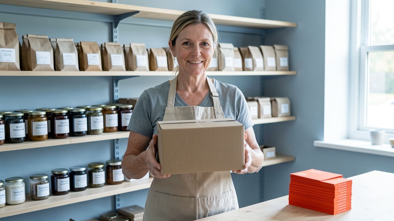 A shop owner in an apron holds a freshly packed box of finished products toward the camera in a sunlit workshop