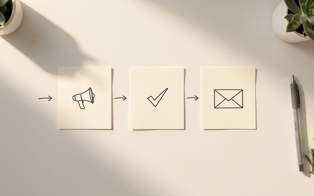 Three index cards arranged in a horizontal sequence on a white desk, representing the three stages of a beginner sales funnel