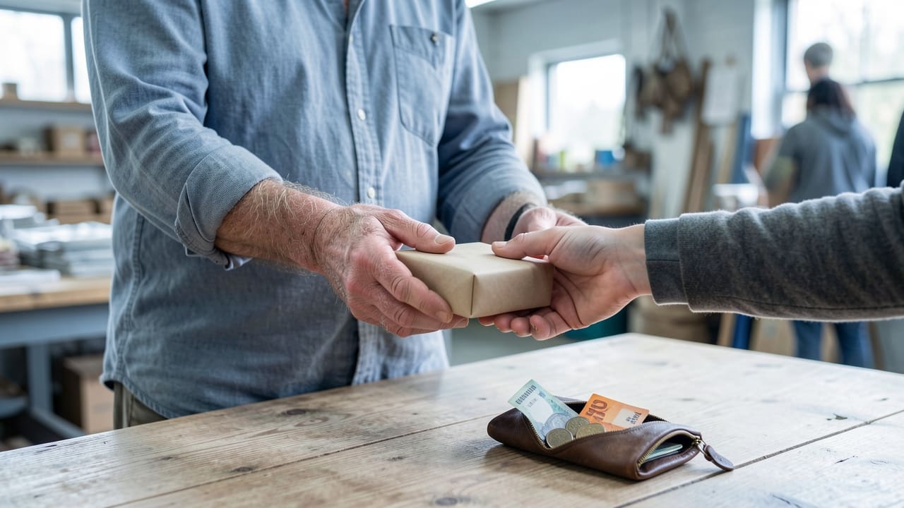 A man in his fifties handing a small parcel to a customer across a market stall table, cash visible in an open pouch beside him