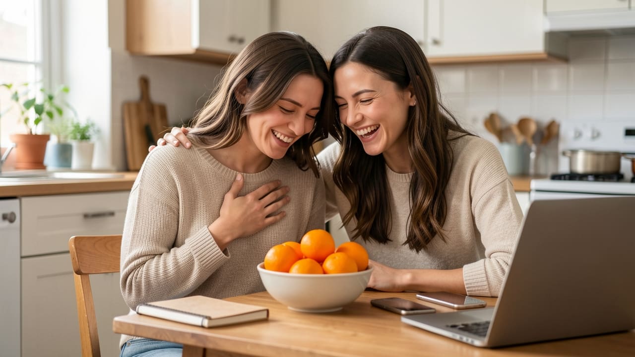 Two women sitting close together at a small kitchen table, one clutching her chest and grinning as she looks at her phone, the other laughing with a hand on her shoulder, a bowl of bright orange citrus on the table between them