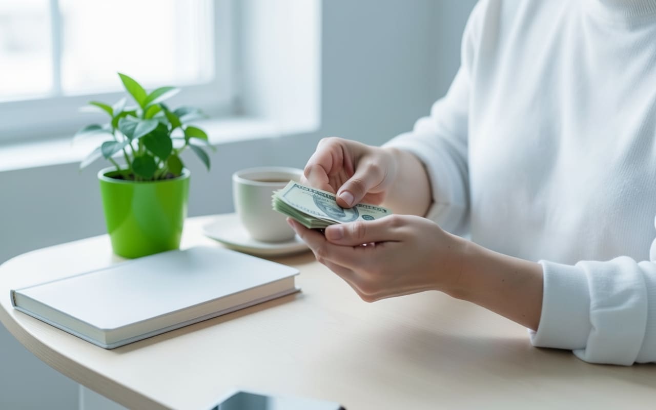 A person's hands carefully counting cash at a small desk, warm daylight, notebook closed beside them