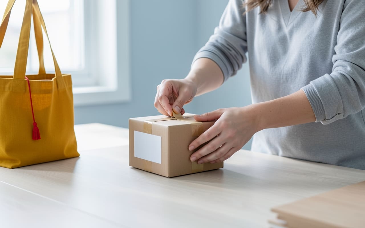 A person sealing a small parcel to ship, hands clearly attached, warm daylight on a home workspace