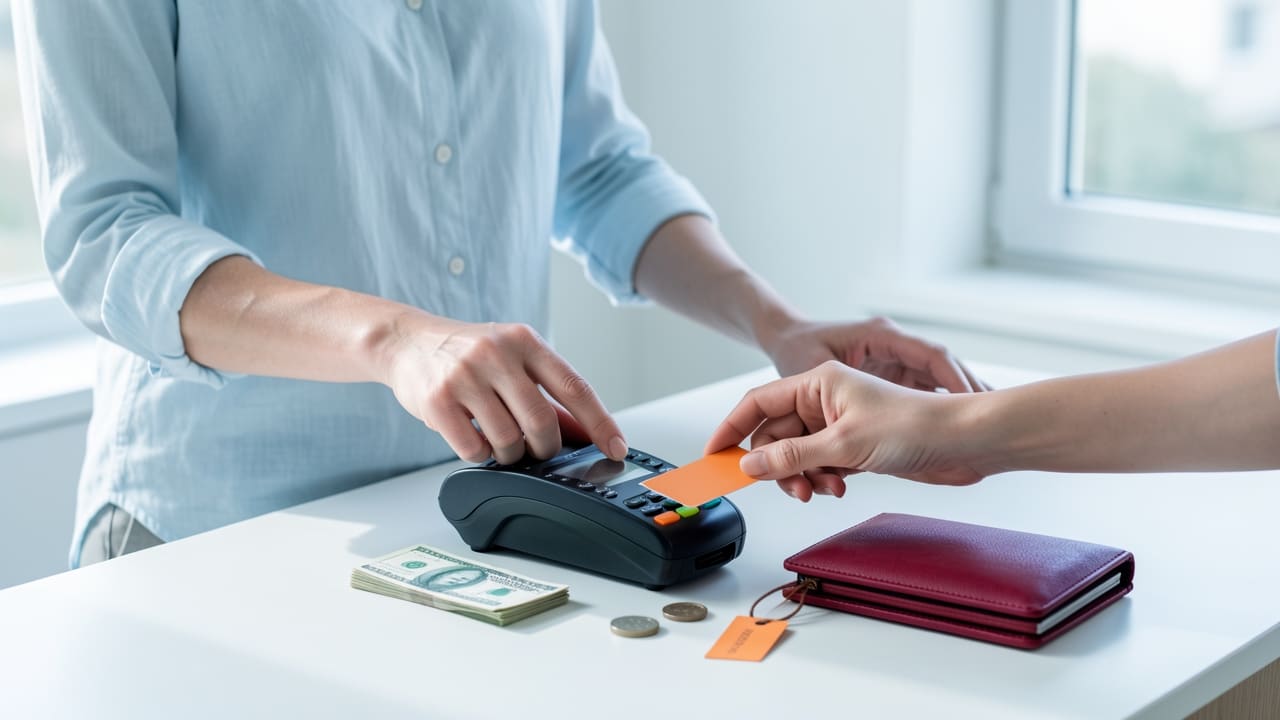 A person at a small shop counter tapping a card reader while a customer completes payment, warm daylight, cash visible on the counter beside them