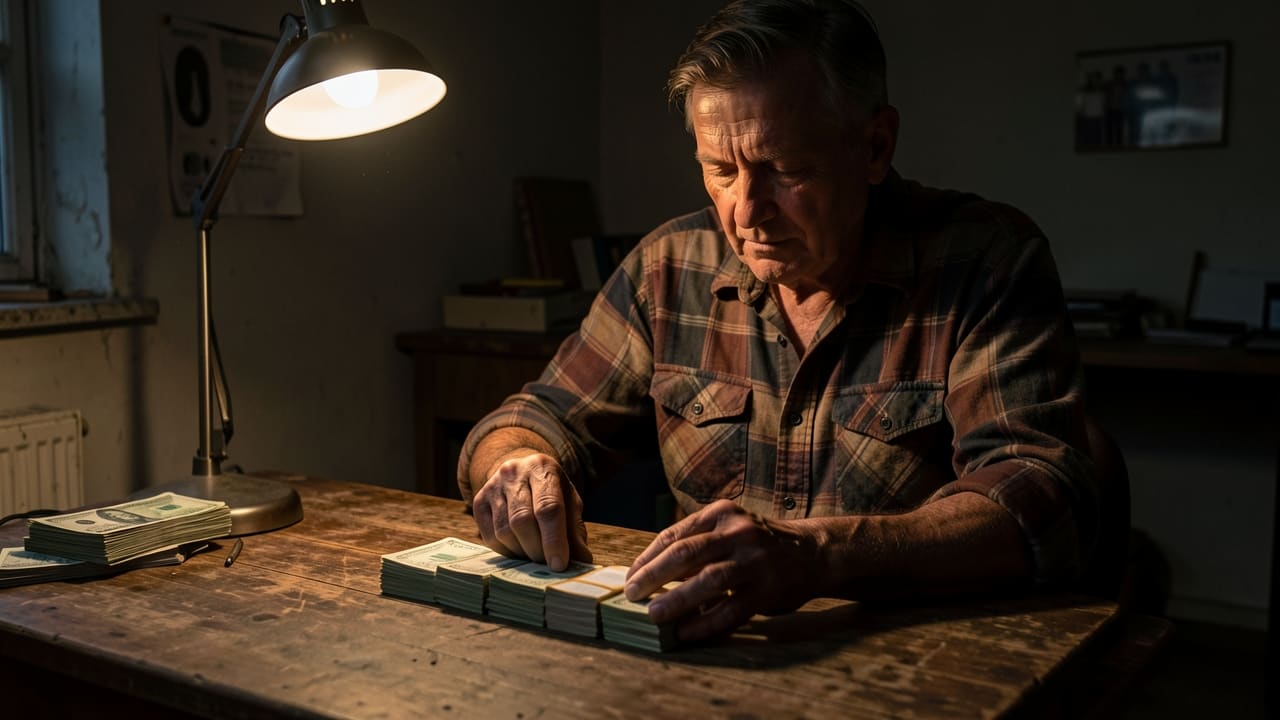 A man in his fifties in a small home workshop counts cash at a worn wooden table, warm lamp light against deep shadow