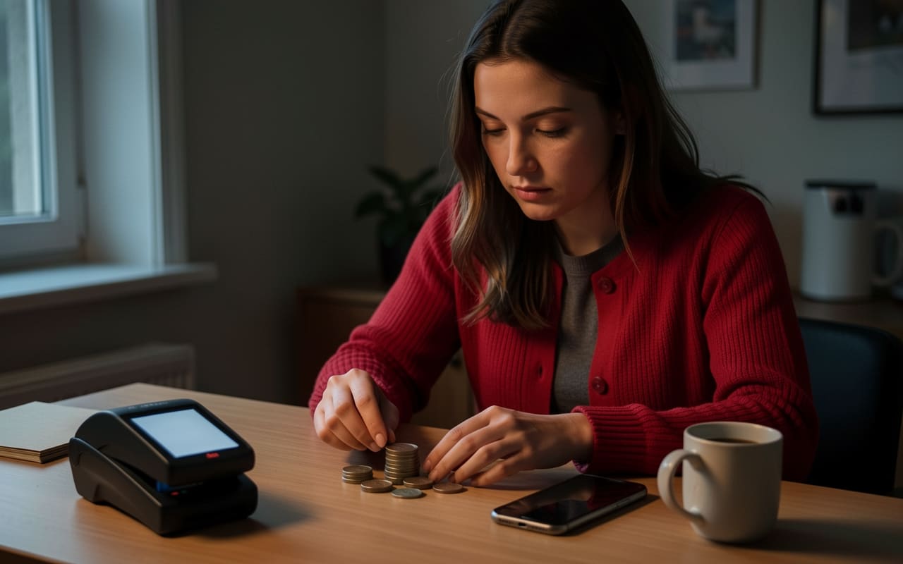 The same woman stacking coins on her desk next to a card reader, phone face-down beside her