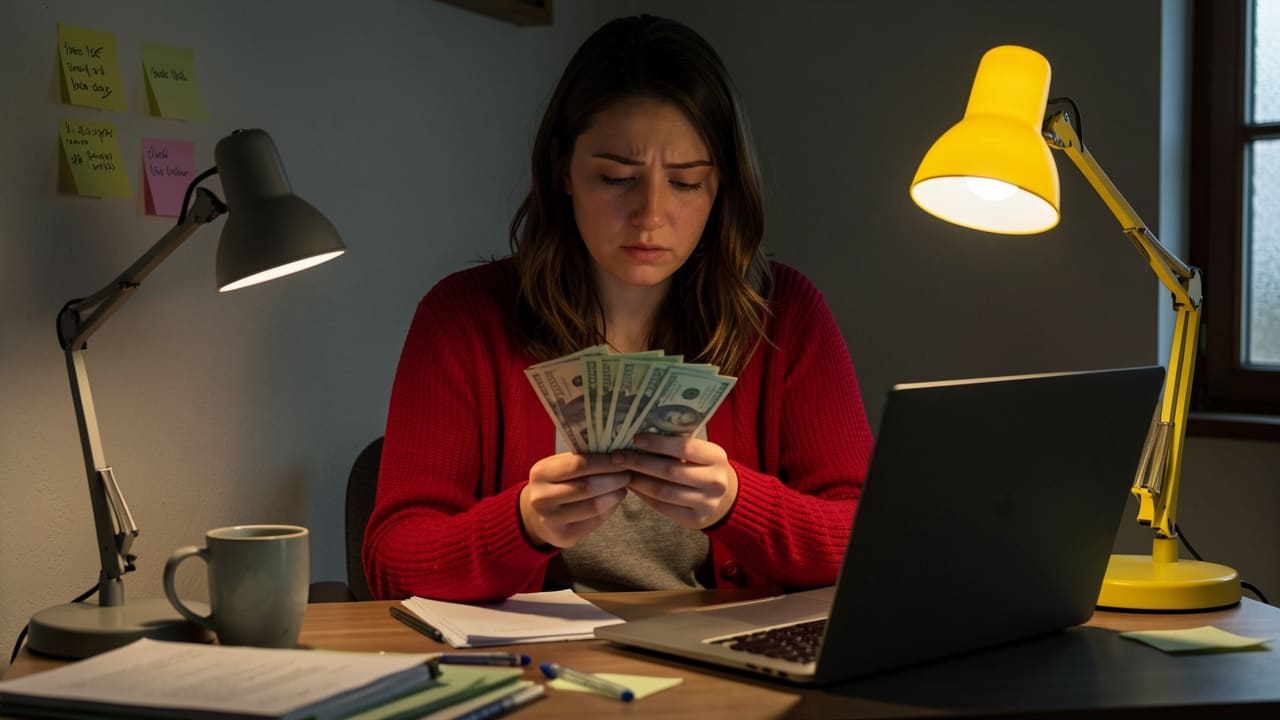 A woman at a small apartment desk fanning out cash while her phone lights up beside a laptop with its screen turned away