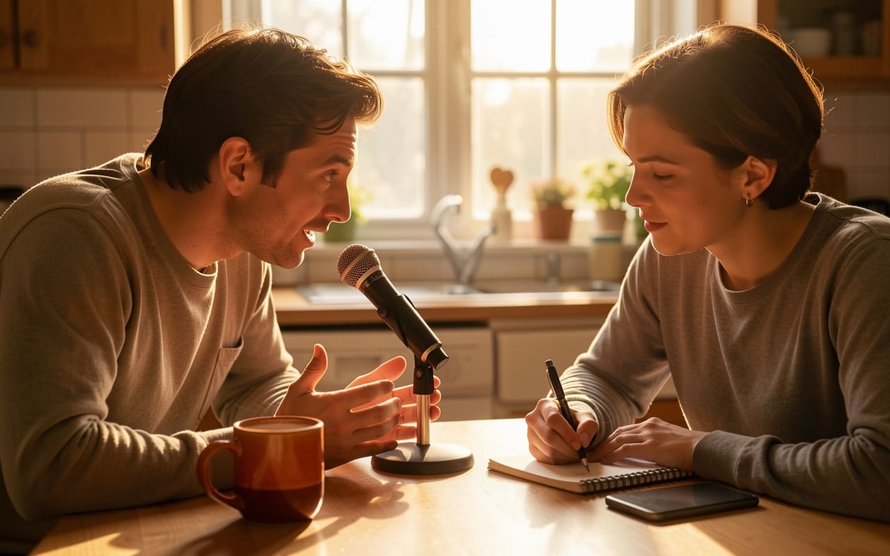 Two people recording into a microphone at a kitchen table, one gesturing mid-sentence, warm evening light through a window