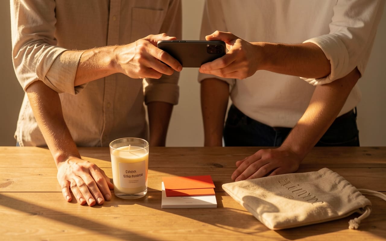 Two people arranging a flat-lay of small products on a table in golden light, one holding a phone above to frame the shot