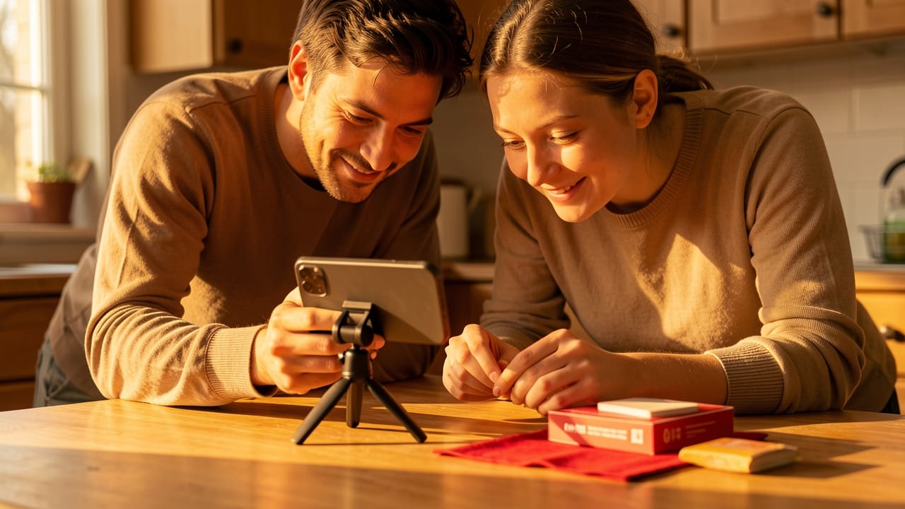 Two people leaning over a small tripod, one holding a phone steady while the other arranges a product for a photo, warm golden light across the table