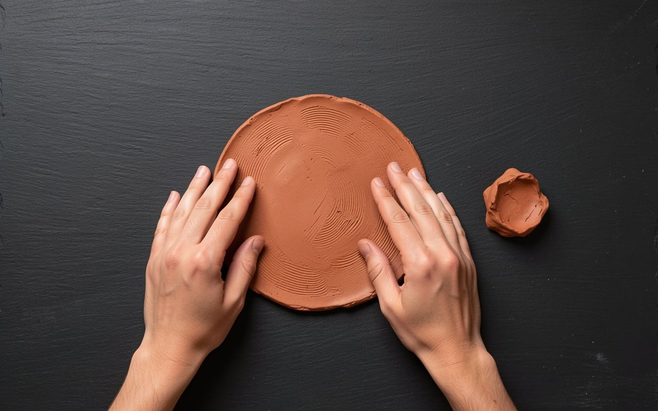 Top-down view of two hands smoothing a round disc of terracotta clay on a dark slate surface, a small ball of clay resting beside it, warm clay tones against the dark background