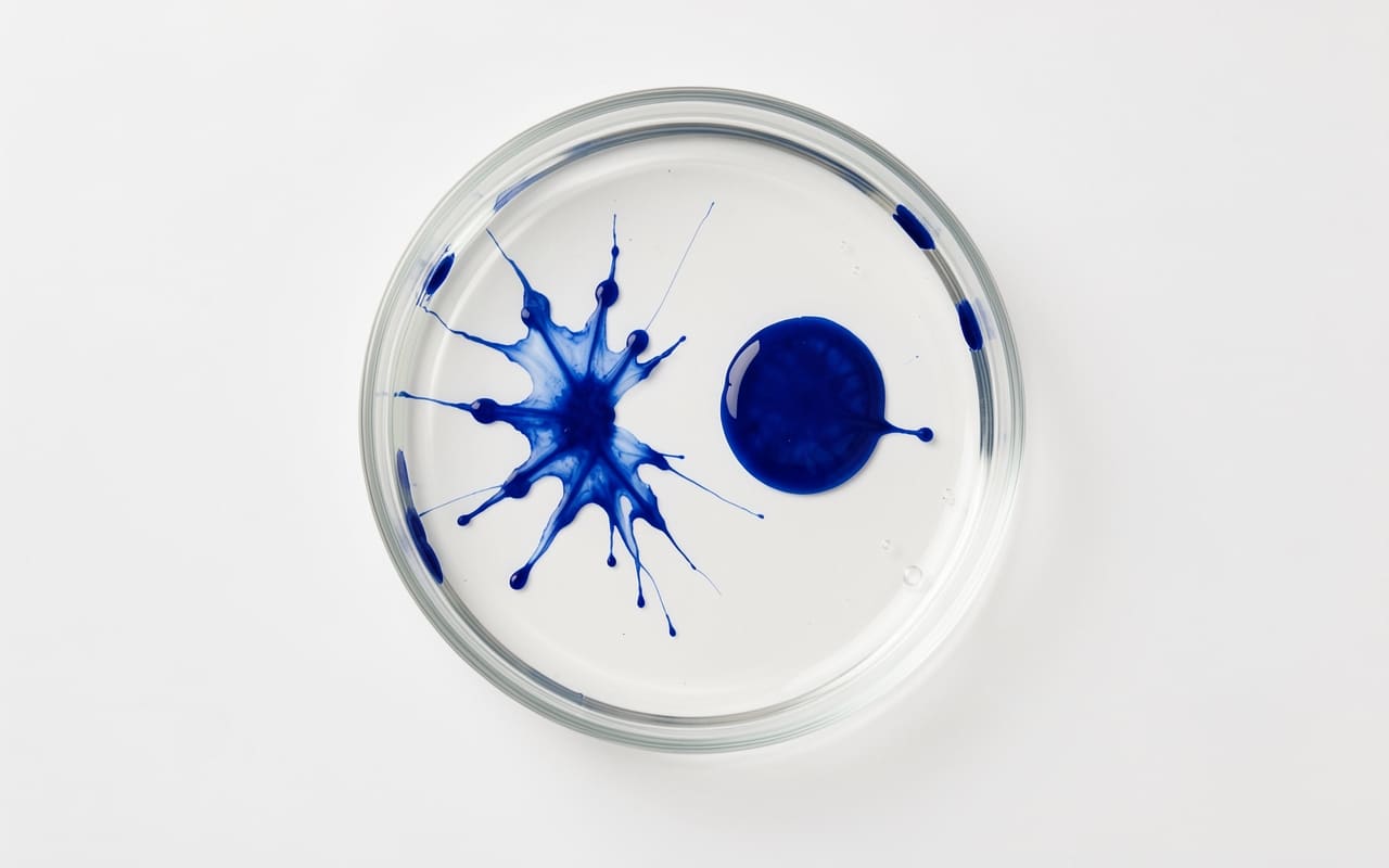 Top-down view of a clear glass dish of water holding two drops of deep cobalt-blue ink, one bursting into a star-shaped splatter and the other still a round bead, on a clean white surface