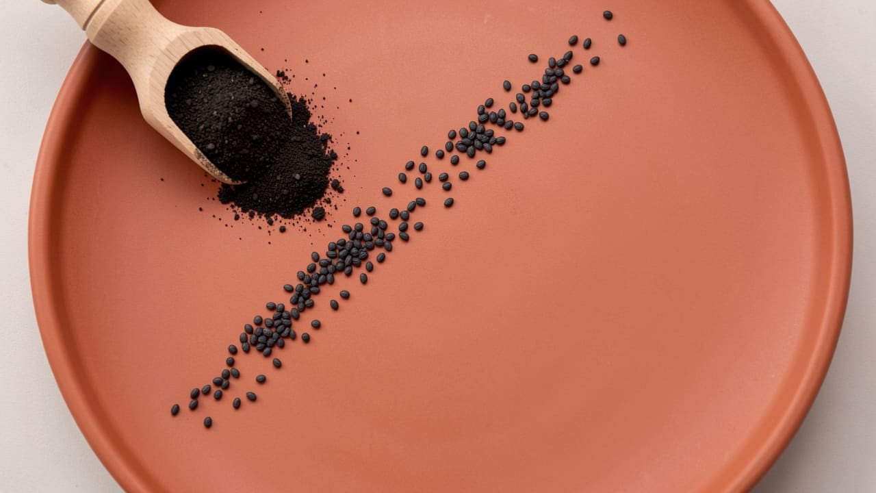 Top-down flat-lay of small dark seeds arranged in a precise diagonal line across a terracotta ceramic surface, with a small scoop of fine soil beside them, soft even studio light, warm amber tones