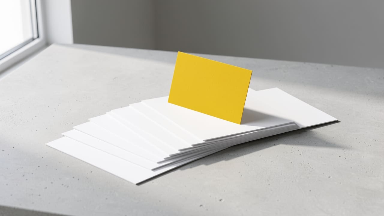 A bright yellow blank index card standing upright on a fanned spread of white cards across a pale grey concrete table, soft window light