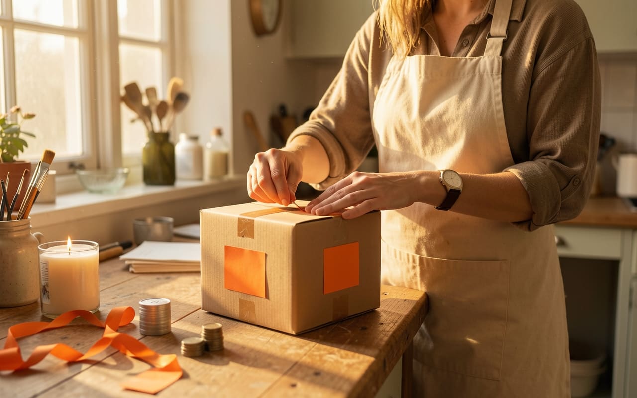 The same maker packing a small parcel of candles at her workbench, a price tag visible on the box, golden evening light through the window