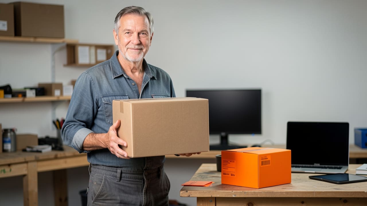 A man in his fifties in a home workshop holding a packed shipping box toward the camera, a stack of orange shipping labels beside him
