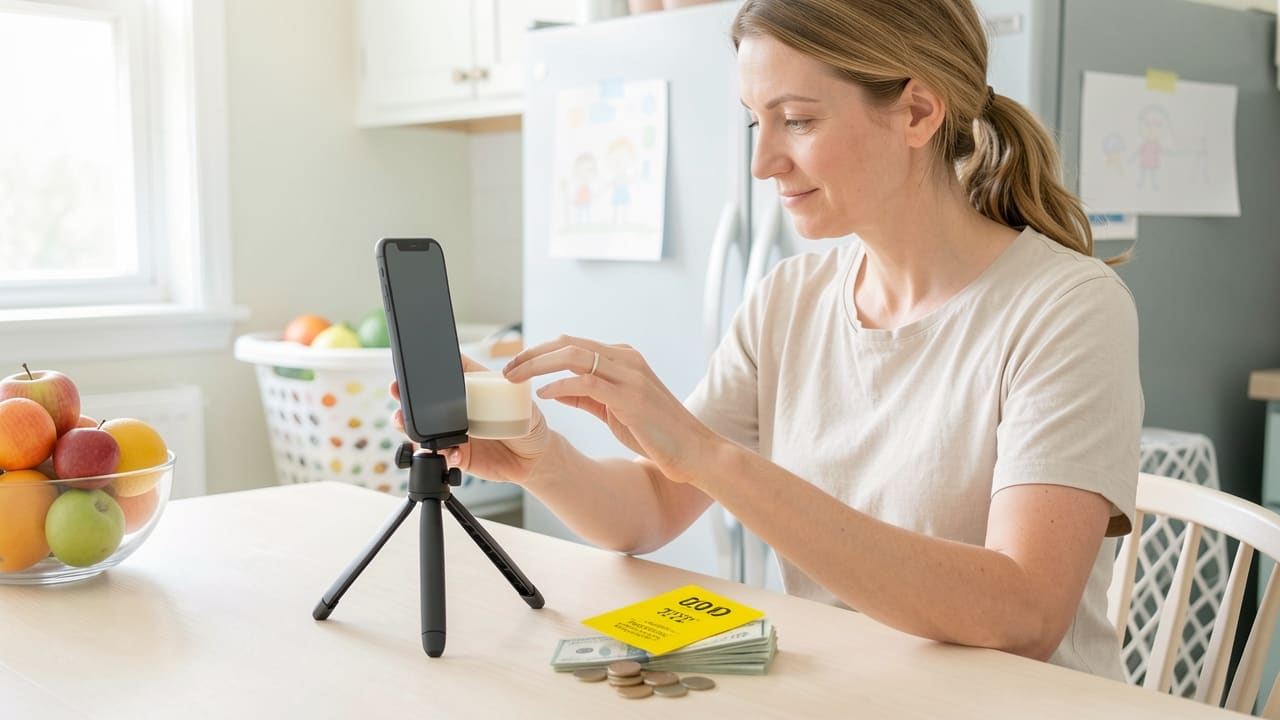 A mother at a busy kitchen table arranging a small product on a mini tripod to photograph it with her phone, laundry and kids' drawings visible in the background, a stack of cash and a bright yellow price tag on the table beside her