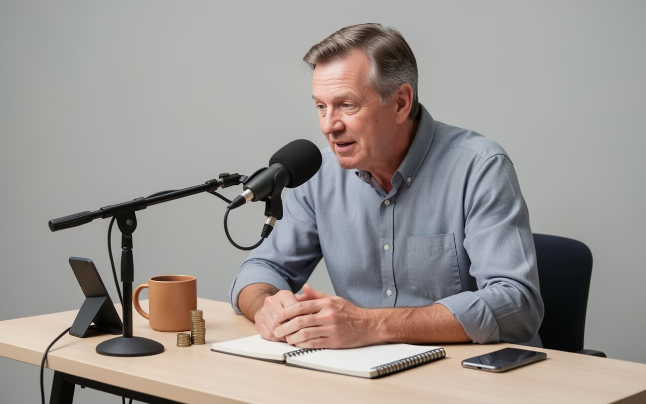 The man speaks into a small microphone recording a demo of his product in his workshop