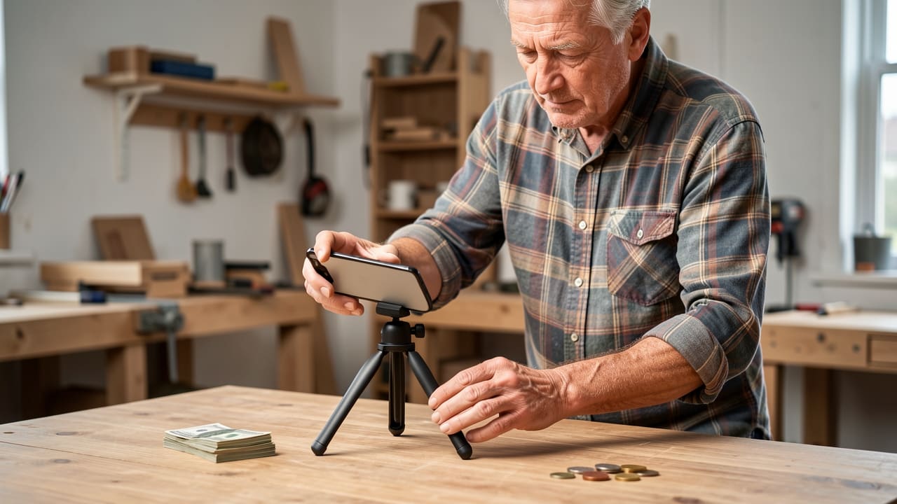 A man in his fifties adjusts a phone on a small tripod to photograph a product on a table in his home workshop