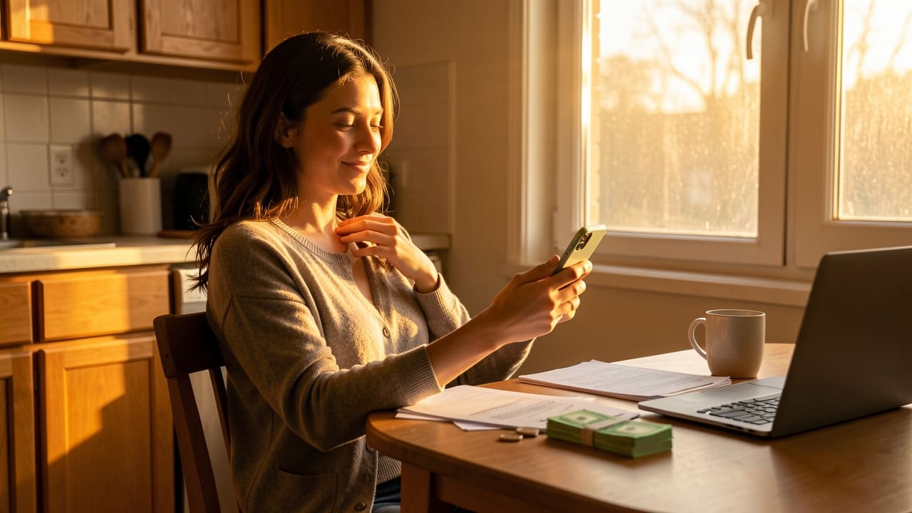 A young woman in her apartment leaning back with a relieved smile as her phone lights up with a sale notification, warm golden-hour light through the window