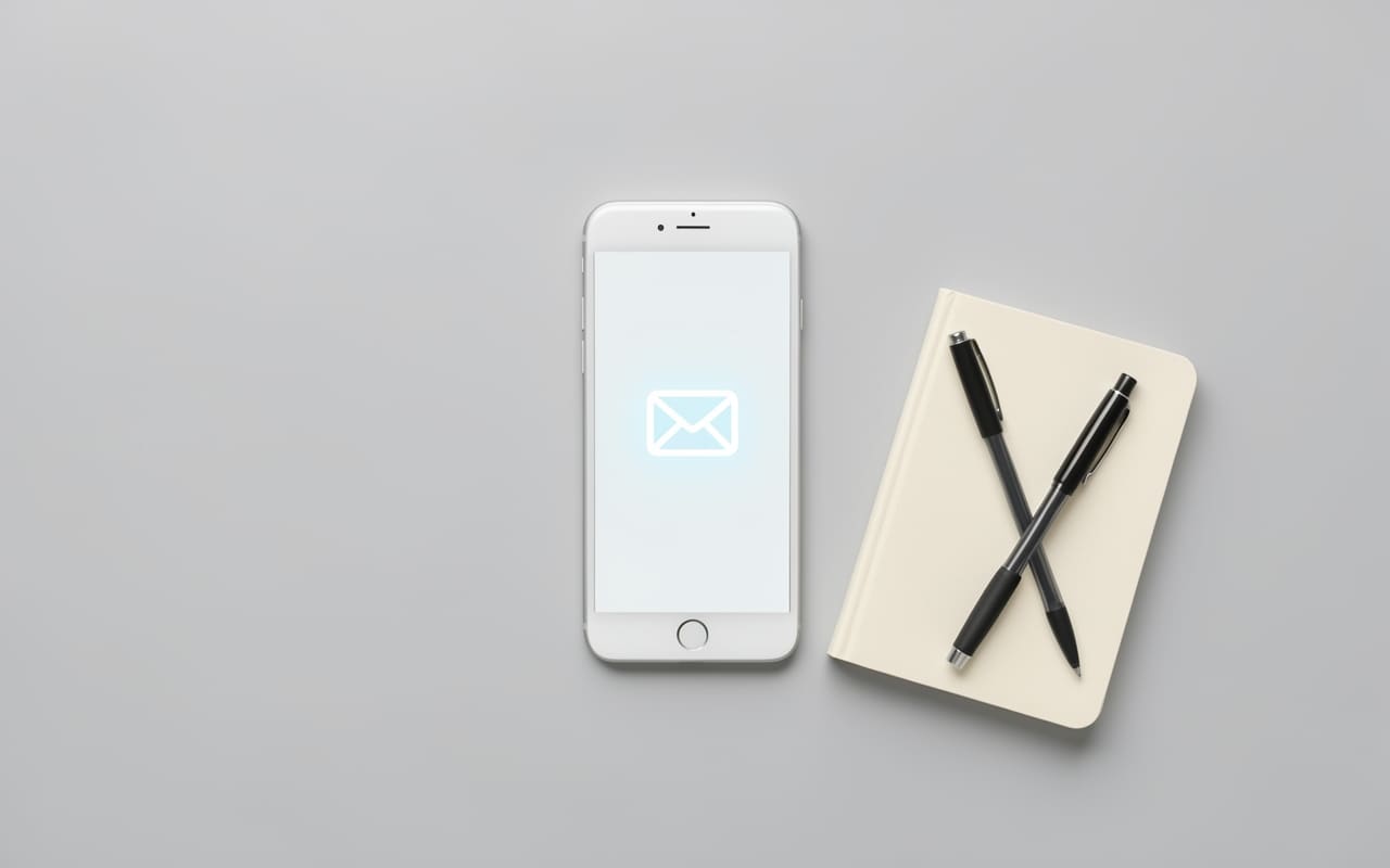 Flat-lay of a smartphone with a glowing email app icon next to a small cream notebook and pen on a grey surface