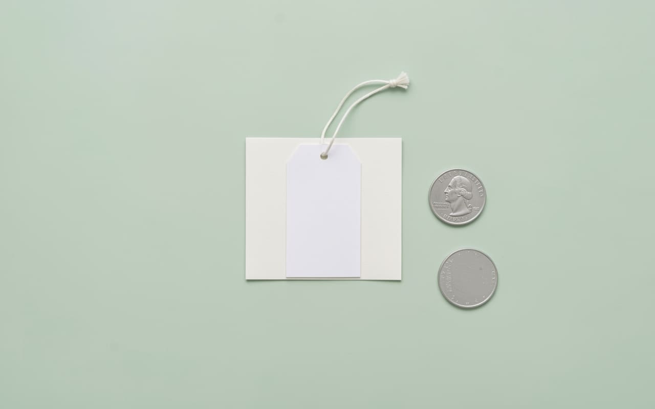 Flat-lay of a white price tag attached to a plain product card with two polished silver coins on a sage green surface