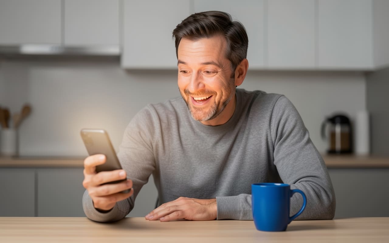 A man at a kitchen table reacting with a surprised smile as his phone lights up with a payment notification
