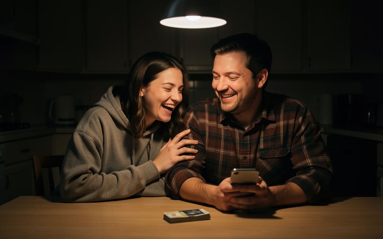 Two coworkers at a kitchen table, one pointing at a phone screen lit up with a notification while the other leans in