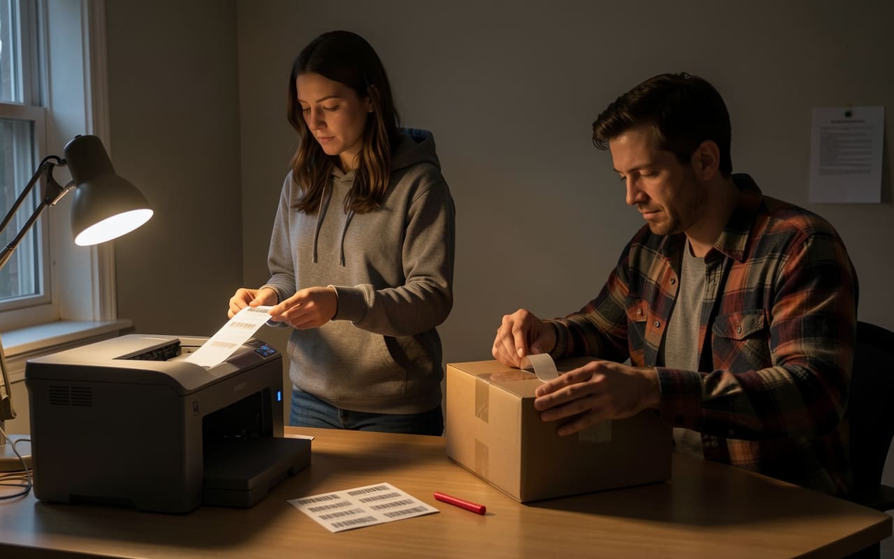 A woman printing a stack of shipping labels at a small desk printer while her friend seals a box beside her