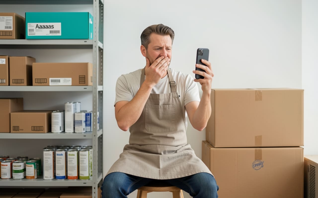 A shop owner in an apron on a stool among boxed stock, hand over their mouth in delighted surprise while holding a phone angled away