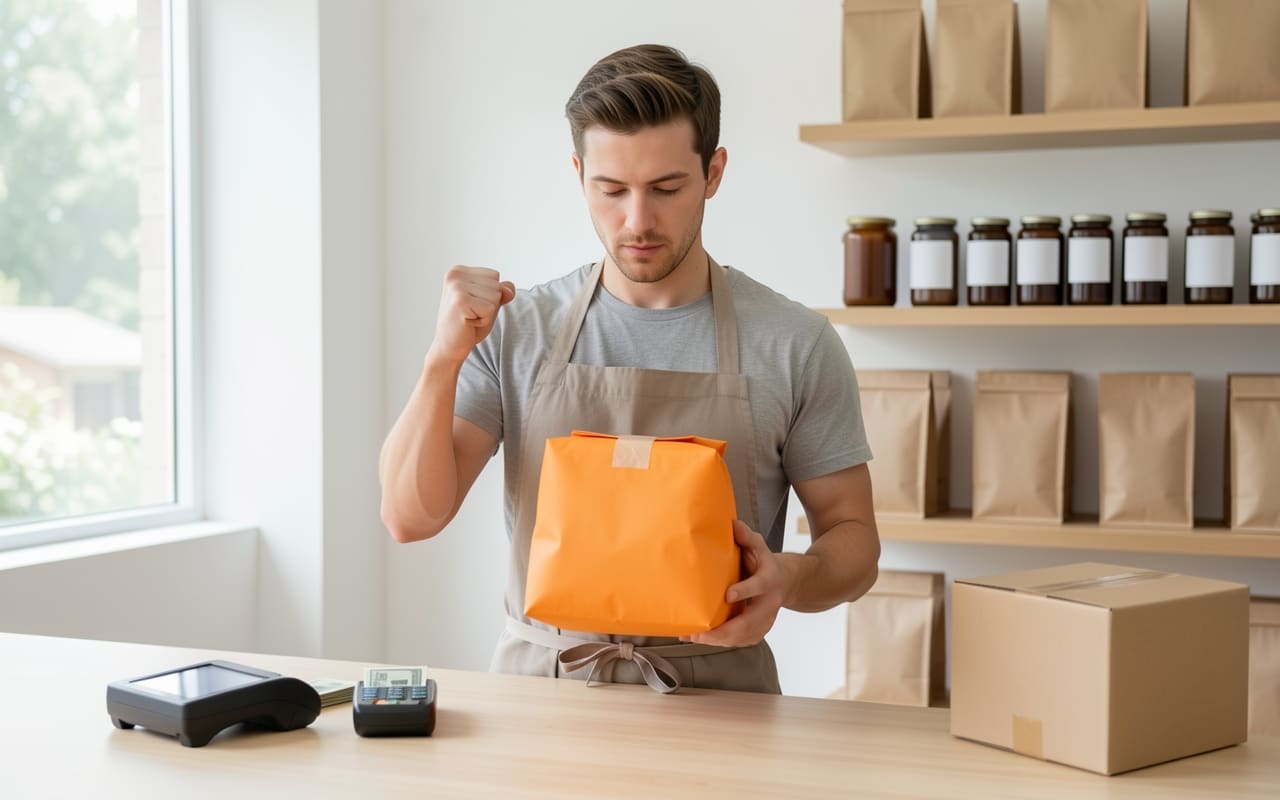 The same shop owner at the counter leaning back with a quiet fist-pump beside a taped parcel and a small card reader