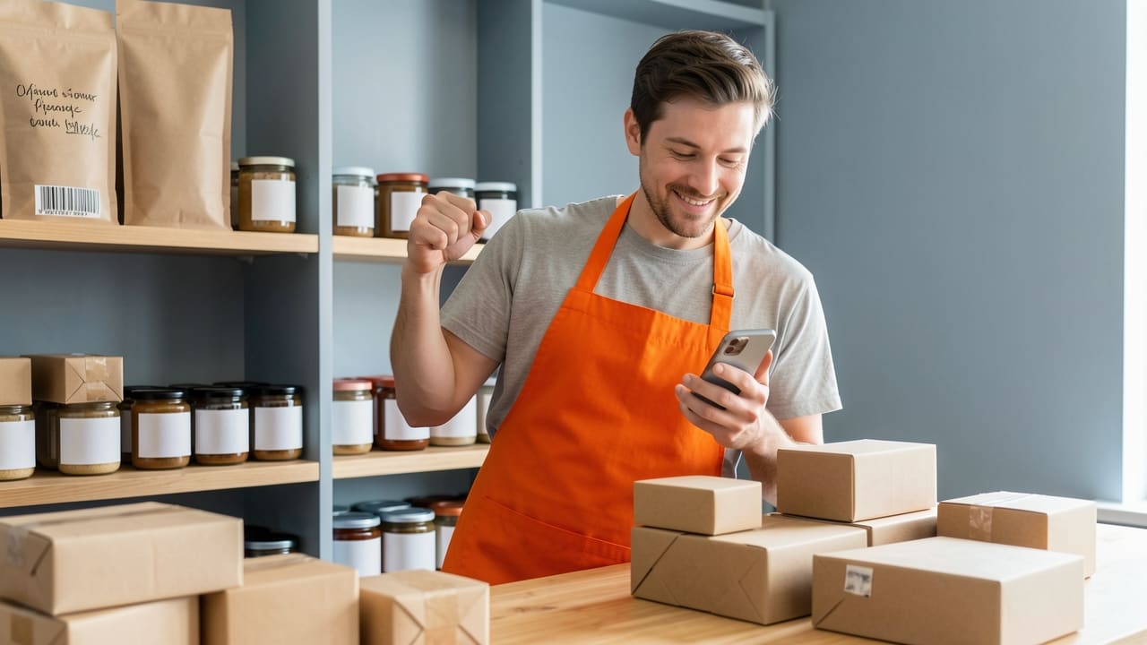 A small-shop owner in an orange apron behind a counter of packaged goods, leaning back with a relieved smile as a phone lights up in their hand
