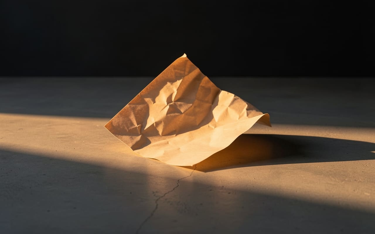 Single crumpled paper sheet unfolding on polished concrete, caught in one dramatic beam of amber side-light