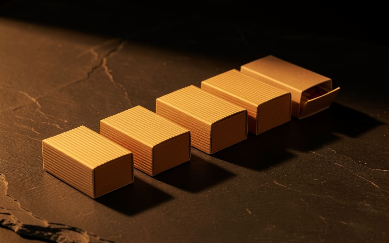 Five identical matchboxes arranged in descending stair-step on dark stone, one tipped open, warm raking light